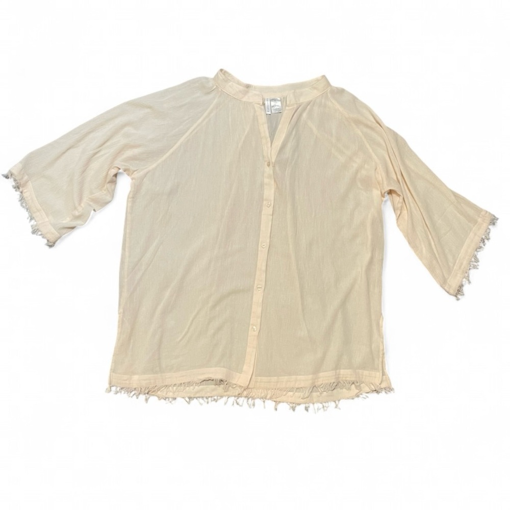 Sanctuary Women's XL Tunic Top Cotton Rayon Fringe Button Front Ivory Blouse